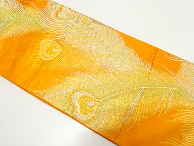 JAPANESE KIMONO / ANTIQUE PEACOCK FEATHER PATTERN WOVEN FUKURO OBI (MA